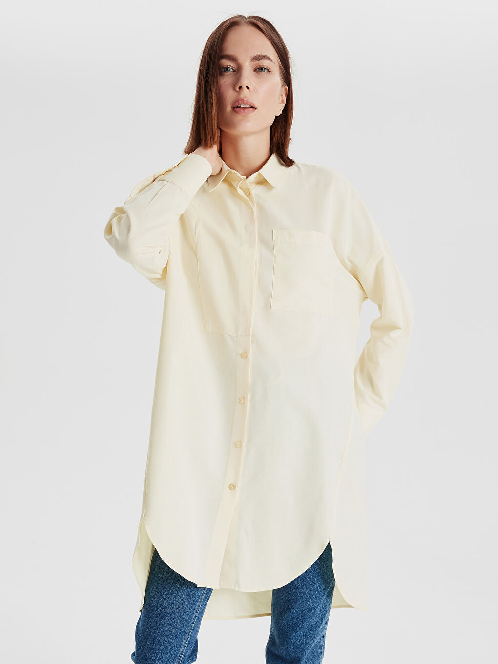LCW Modest Ženske Duge Rukave Poplin Jednobojne Haljine sa Drapiranjem -9SV344Z8-CT1