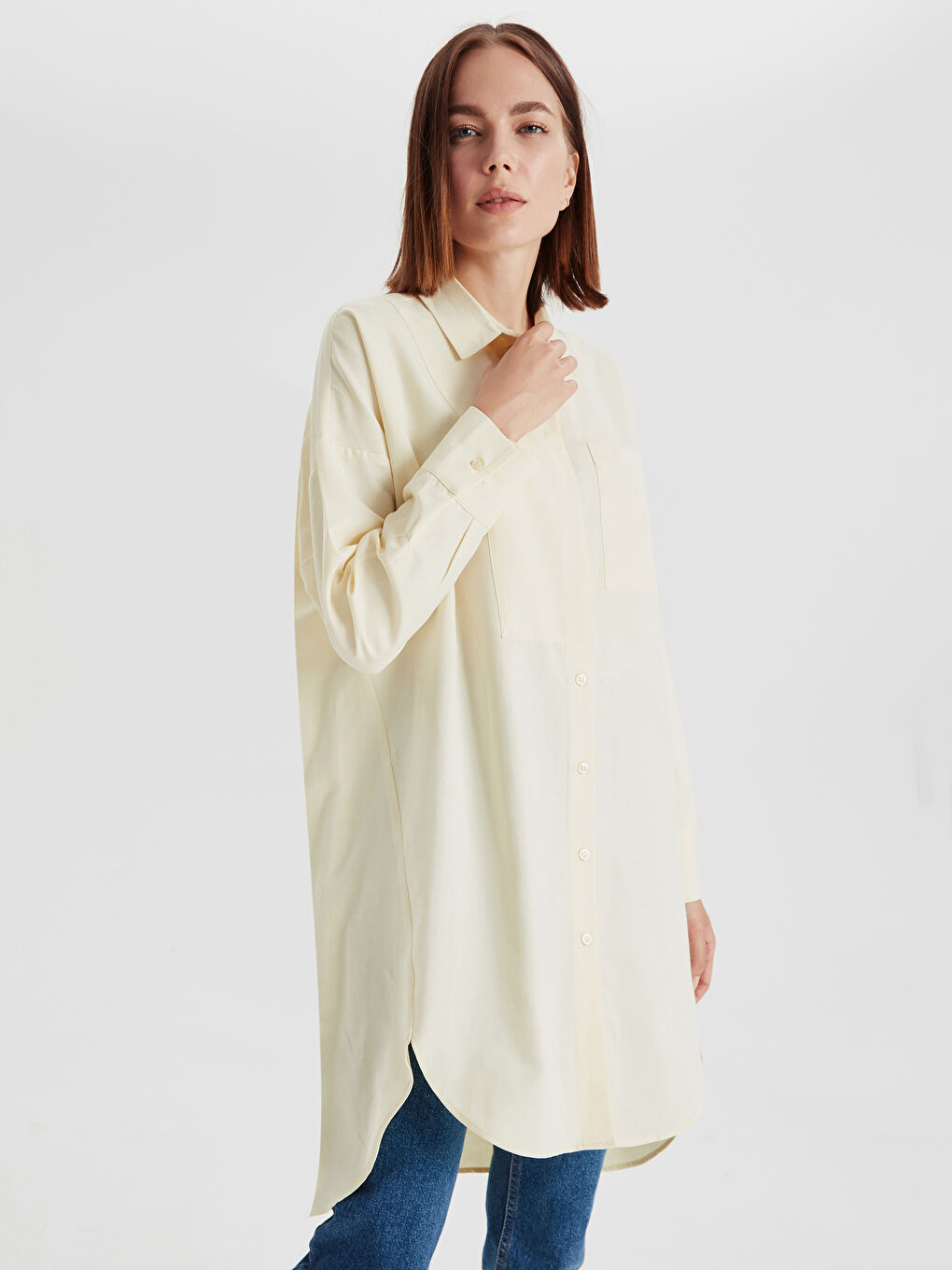 LCW Modest Ženske Duge Rukave Poplin Jednobojne Haljine sa Drapiranjem -9SV344Z8-CT1