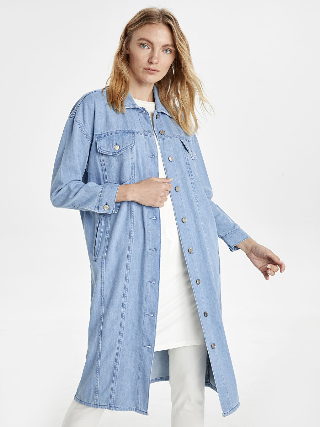 İndigo Gömlek Yaka Uzun Kollu Kadın Jean Tunik-1