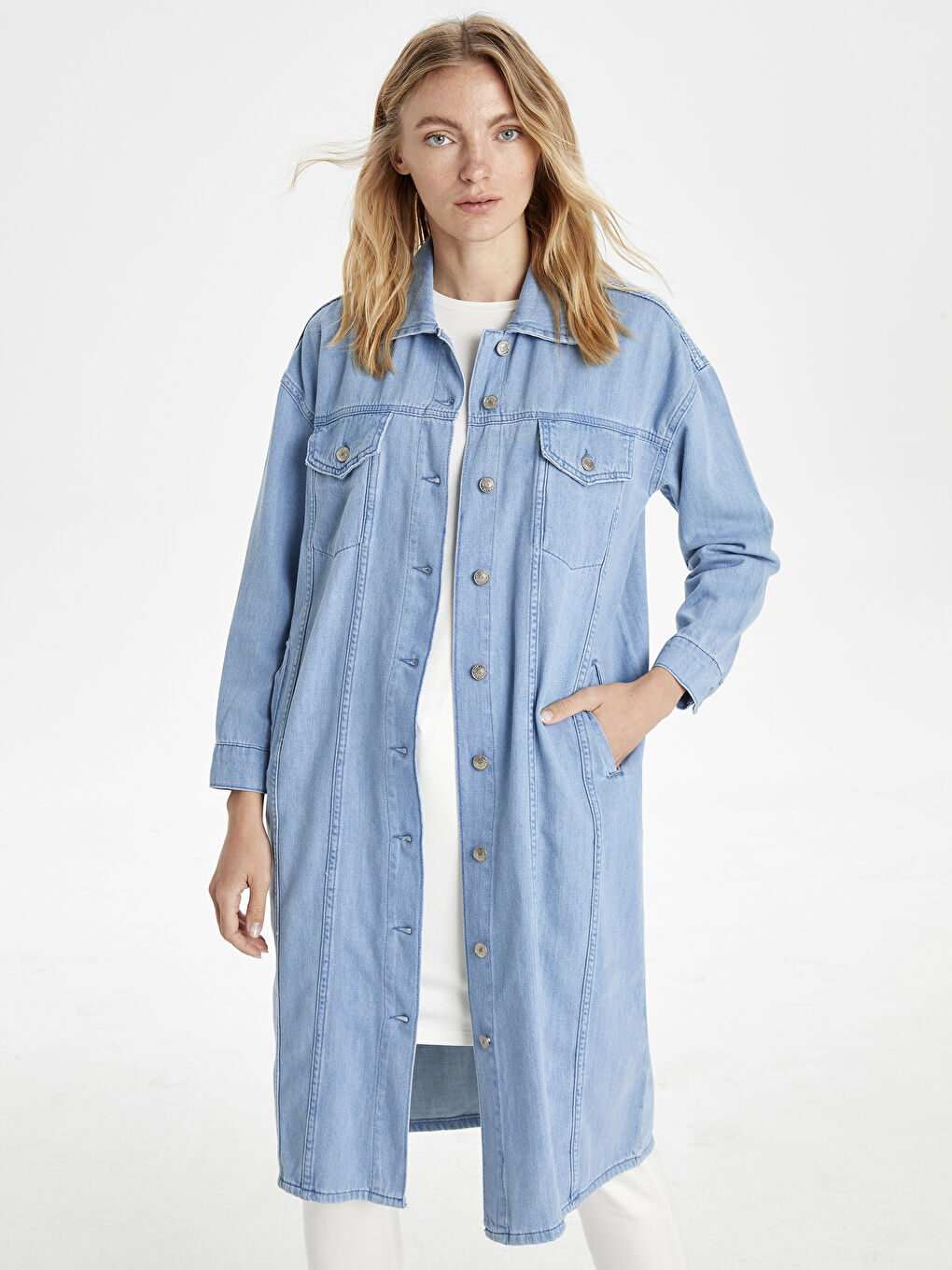 İndigo Gömlek Yaka Uzun Kollu Kadın Jean Tunik-7