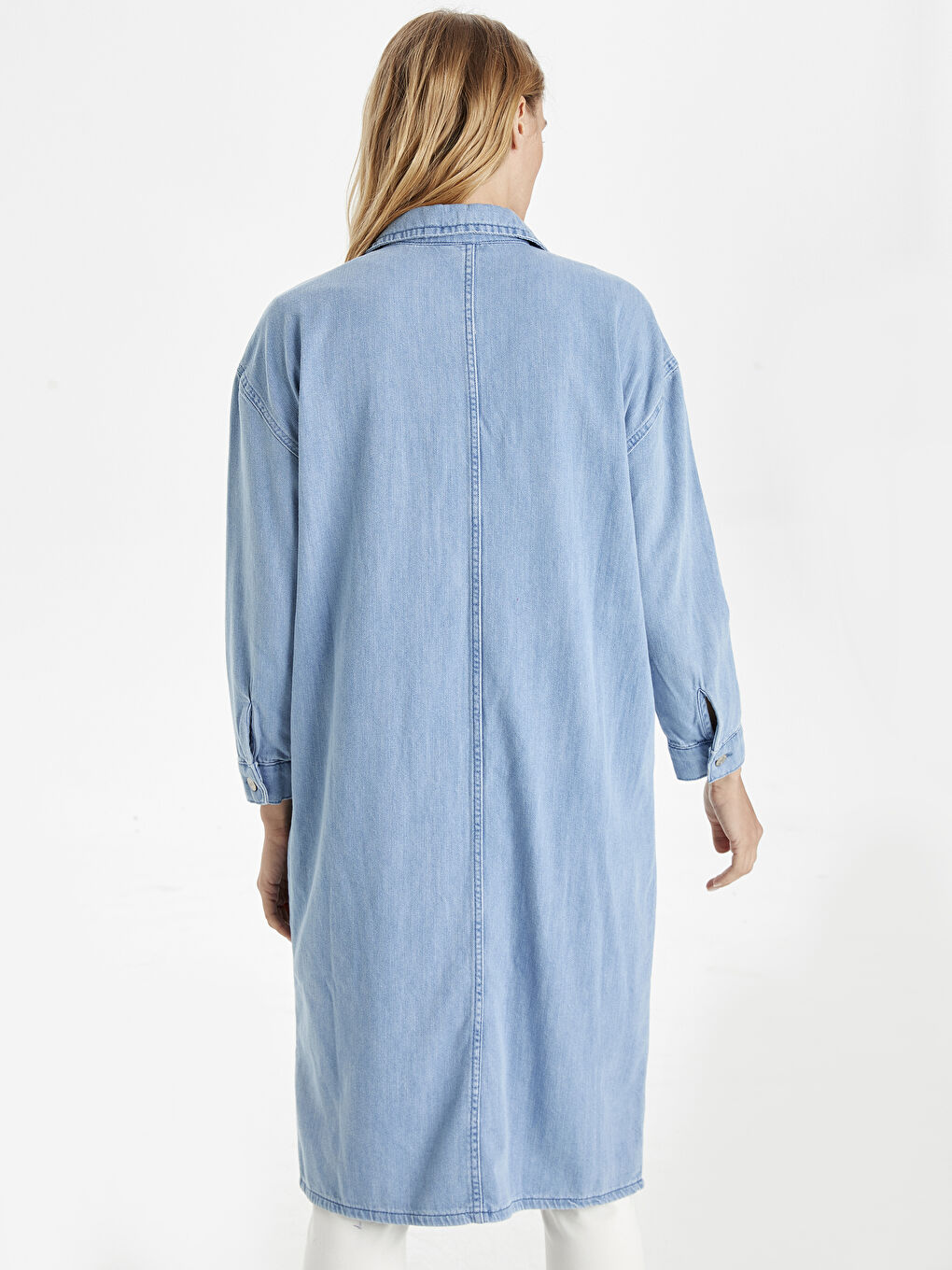 İndigo Gömlek Yaka Uzun Kollu Kadın Jean Tunik-8