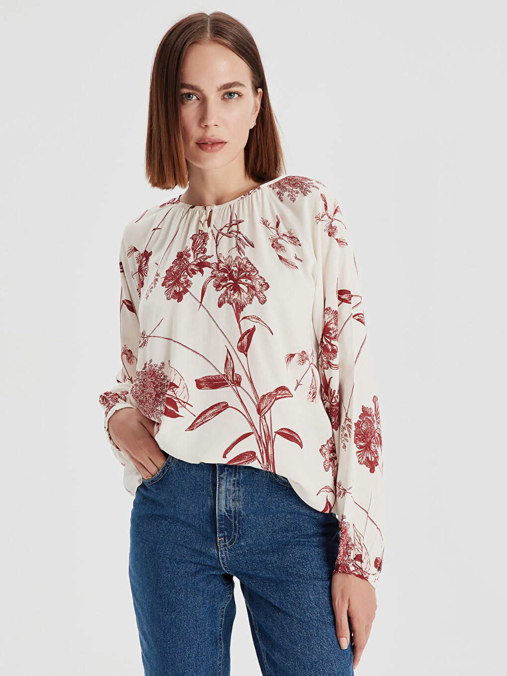 Ekru Baskılı Bluz-1