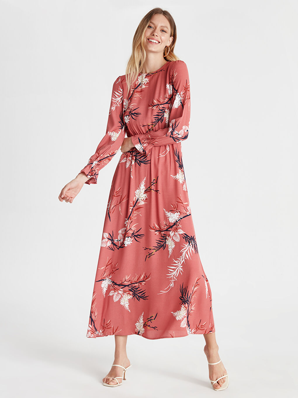 Pembe Standart Fit Uzun Kollu Kadın Elbise-1