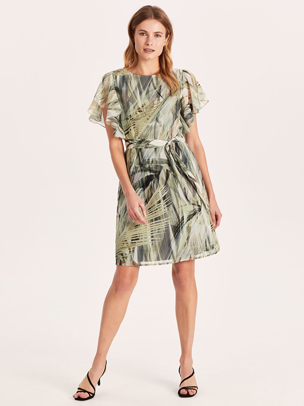 Haki Bisiklet Yaka Kısa Kollu Şifon Kadın Elbise