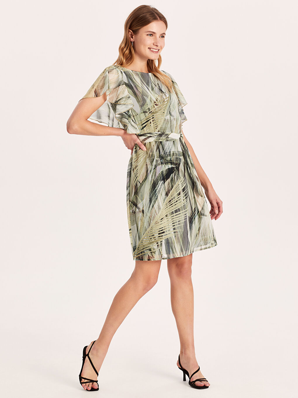 Haki Bisiklet Yaka Kısa Kollu Şifon Kadın Elbise-1