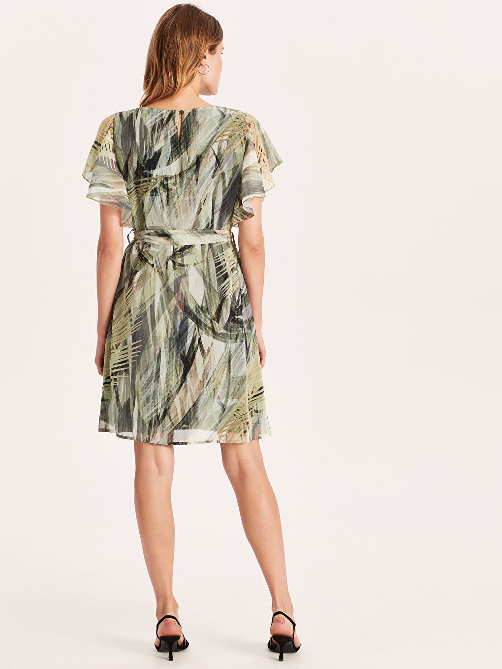 Haki Bisiklet Yaka Kısa Kollu Şifon Kadın Elbise-2