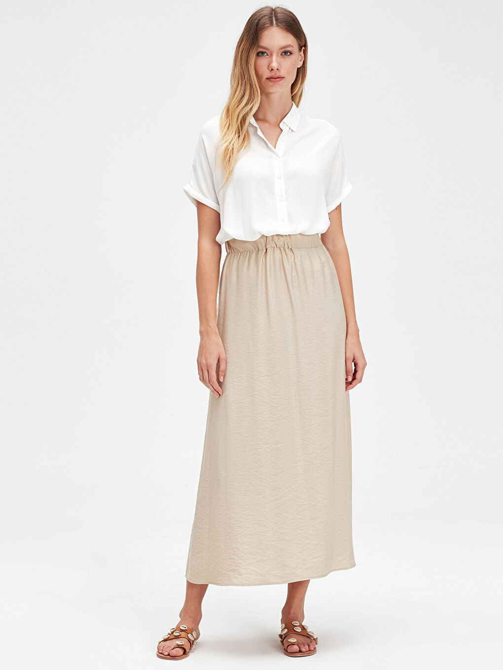 Bej Beli Lastikli Kadın Uzun Etek