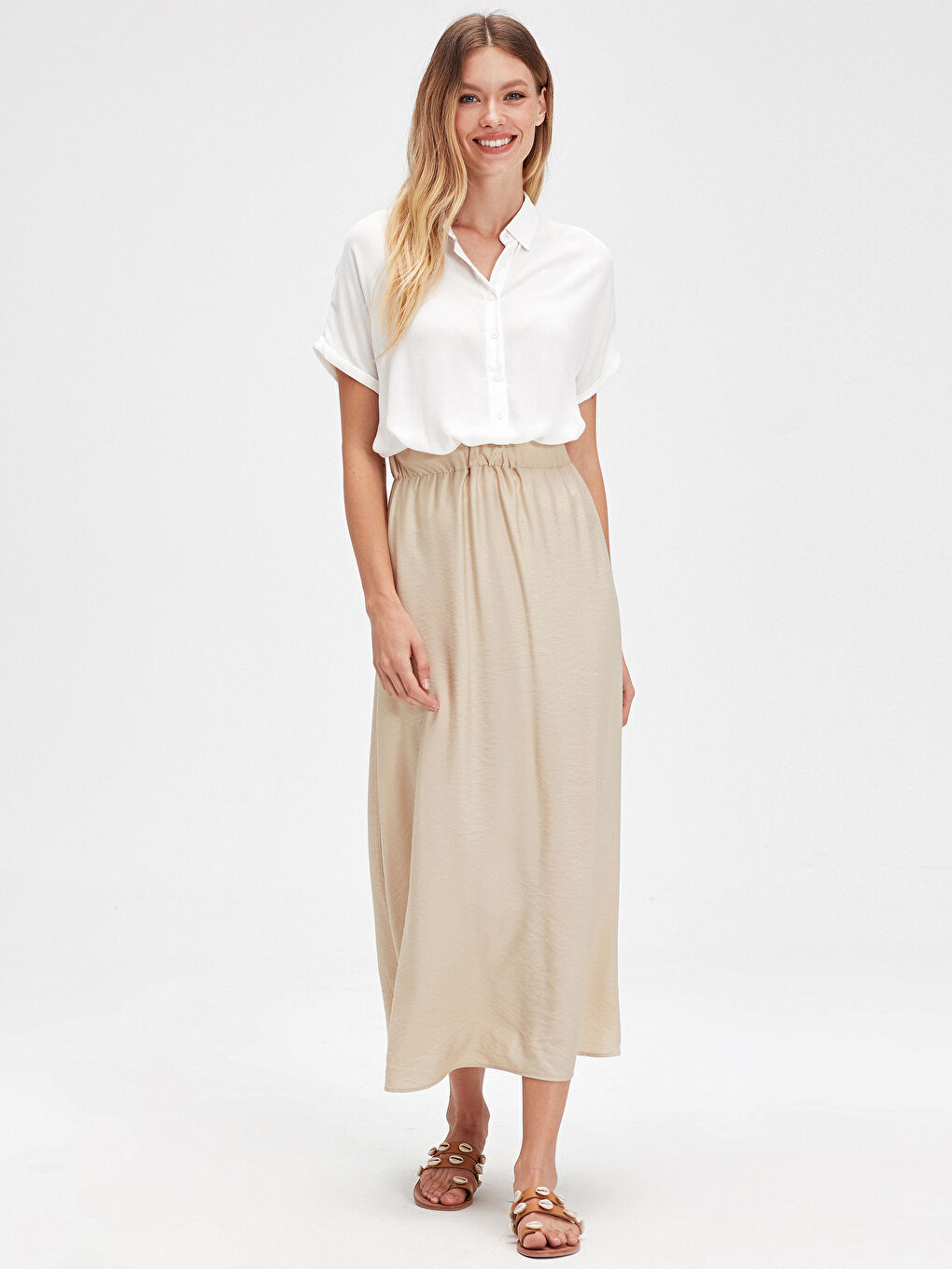 Bej Beli Lastikli Kadın Uzun Etek-1