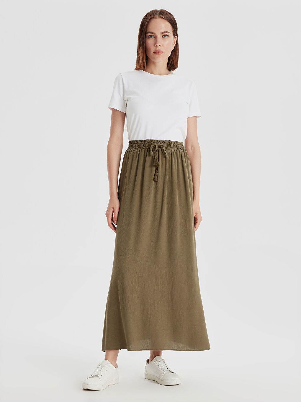 Haki Standart Fit Krinkle Kadın Etek-1