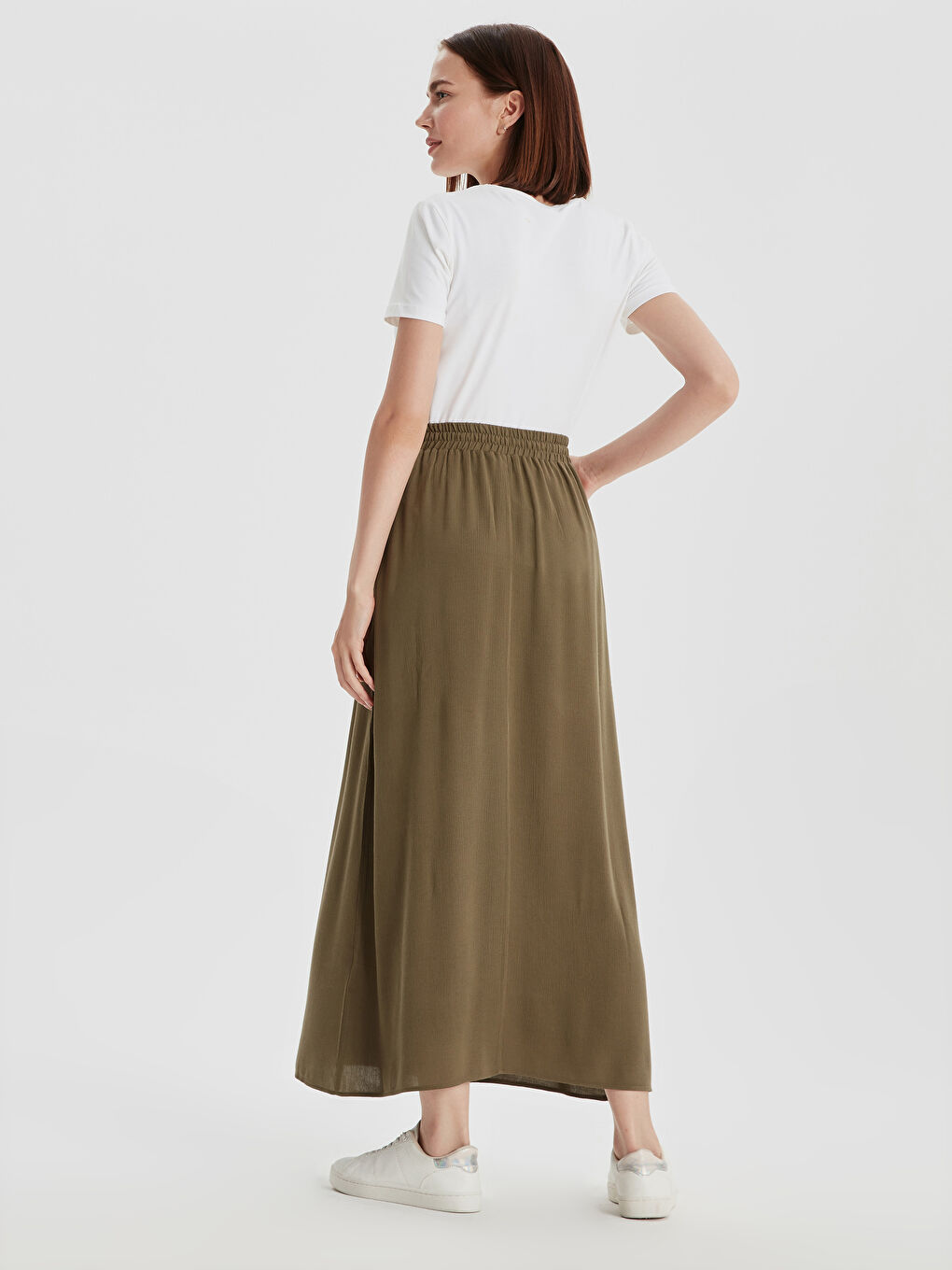 Haki Standart Fit Krinkle Kadın Etek-2