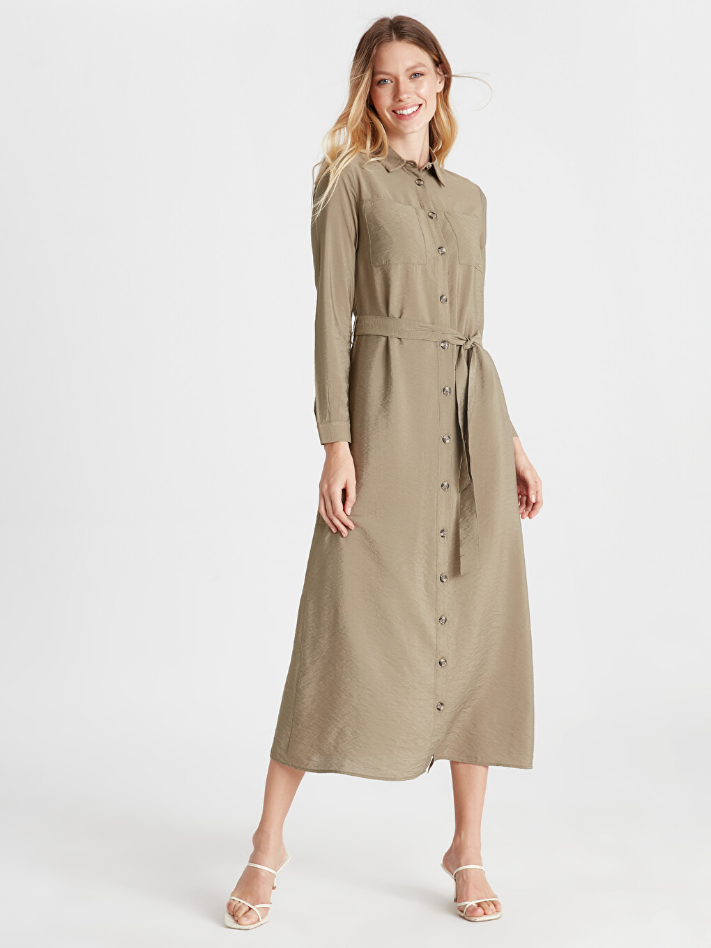 ladies khaki shirt dress HNMKIU V Neck Button Down Shirt Dress with Pockets Flowy Relaxed Fit Casual Spring Summer Dress for Women Khaki,L