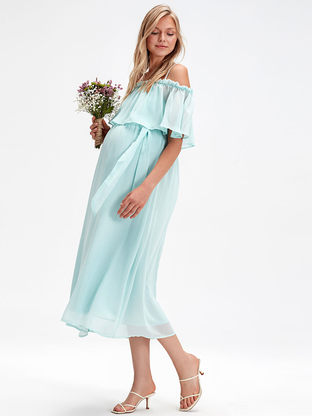 Turkuaz Straplez Askılı Şifon Kadın Elbise