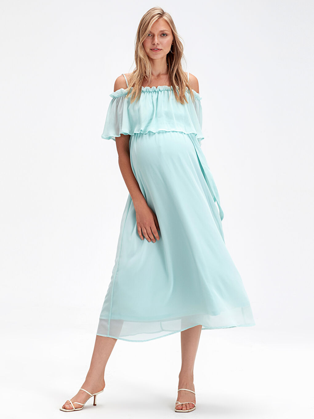 Turkuaz Straplez Askılı Şifon Kadın Elbise-1