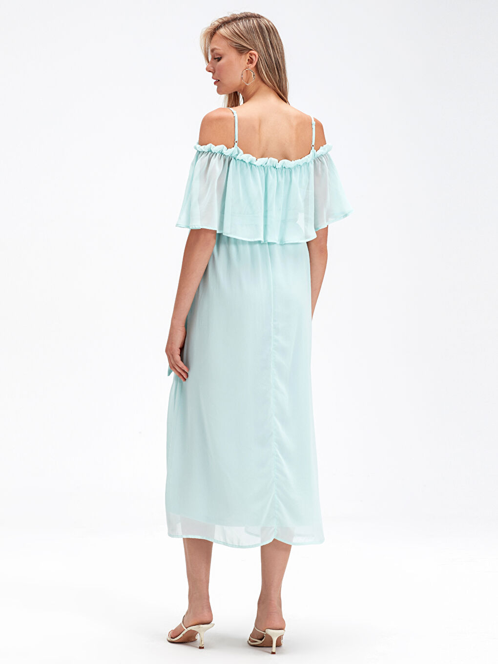 Turkuaz Straplez Askılı Şifon Kadın Elbise-2