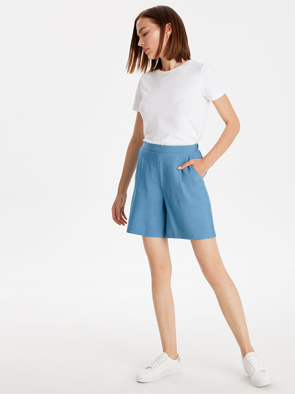 İndigo Standart Fit Keten Kadın Düz Keten Şort