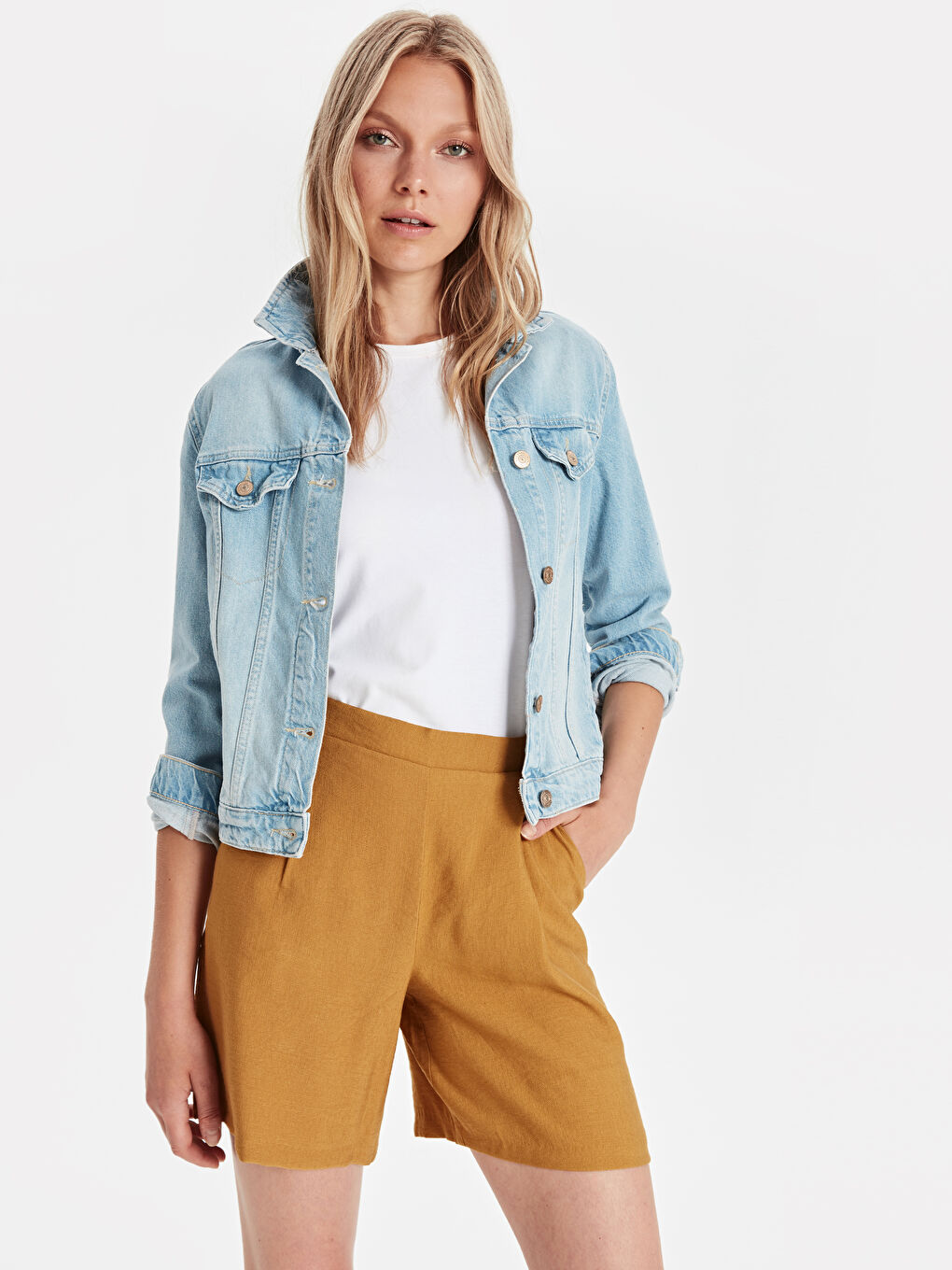 Sarı Standart Fit Düz Keten Kadın Keten Şort-1