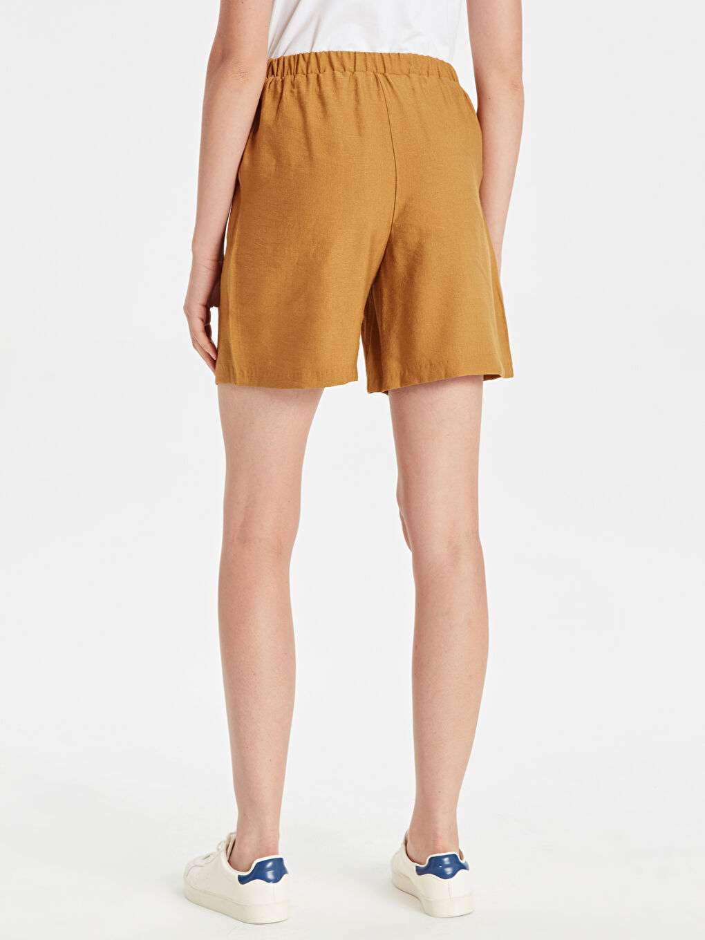 Sarı Standart Fit Düz Keten Kadın Keten Şort-2