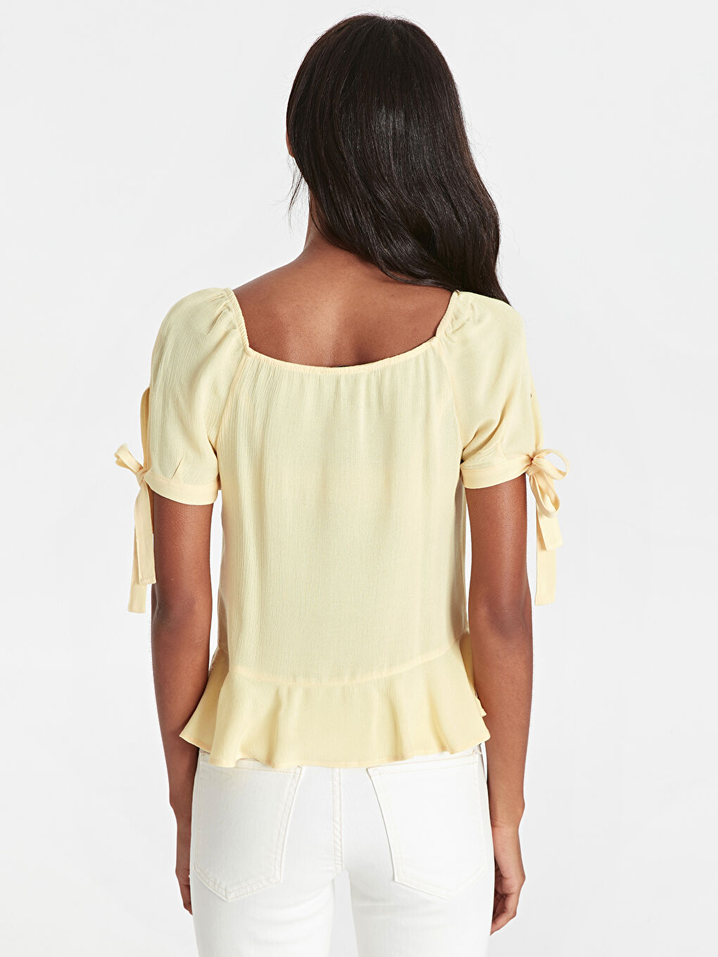 Sarı V Yaka Standart Fit Kısa Kollu Kadın Bluz-2