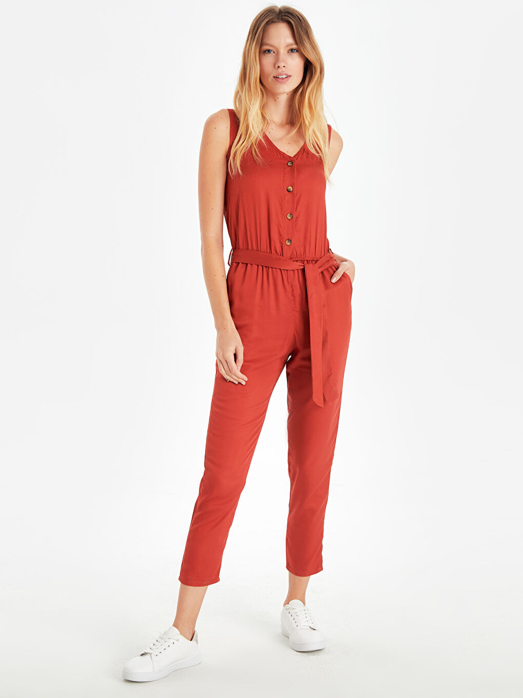 Kahverengi Kadın Kolsuz Tulum-1