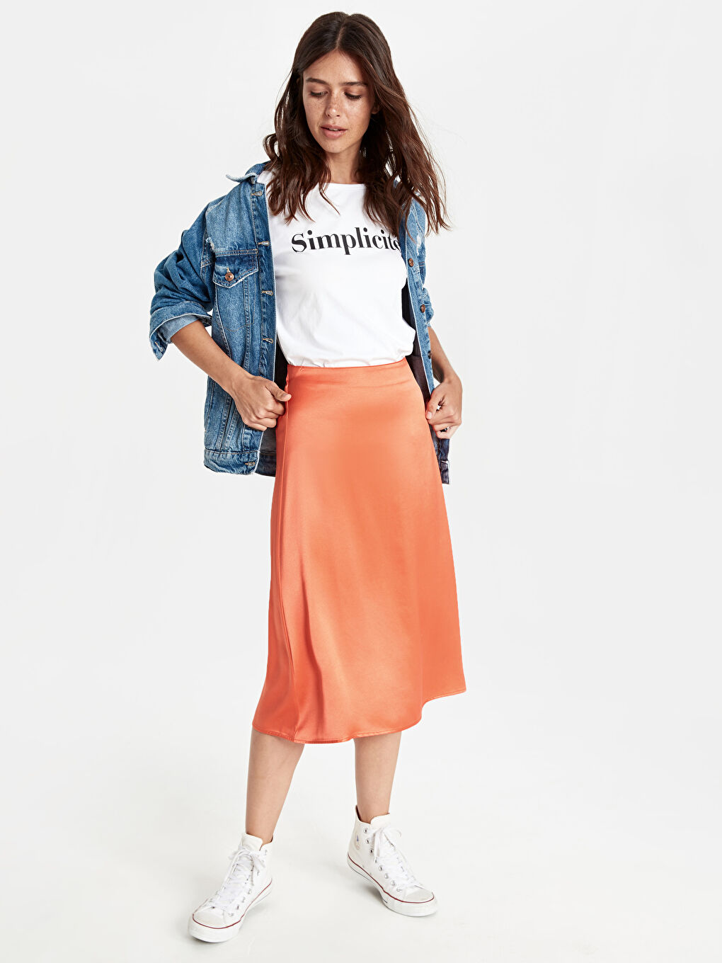 Turuncu Kadın Yüksek Bel Düz Etek