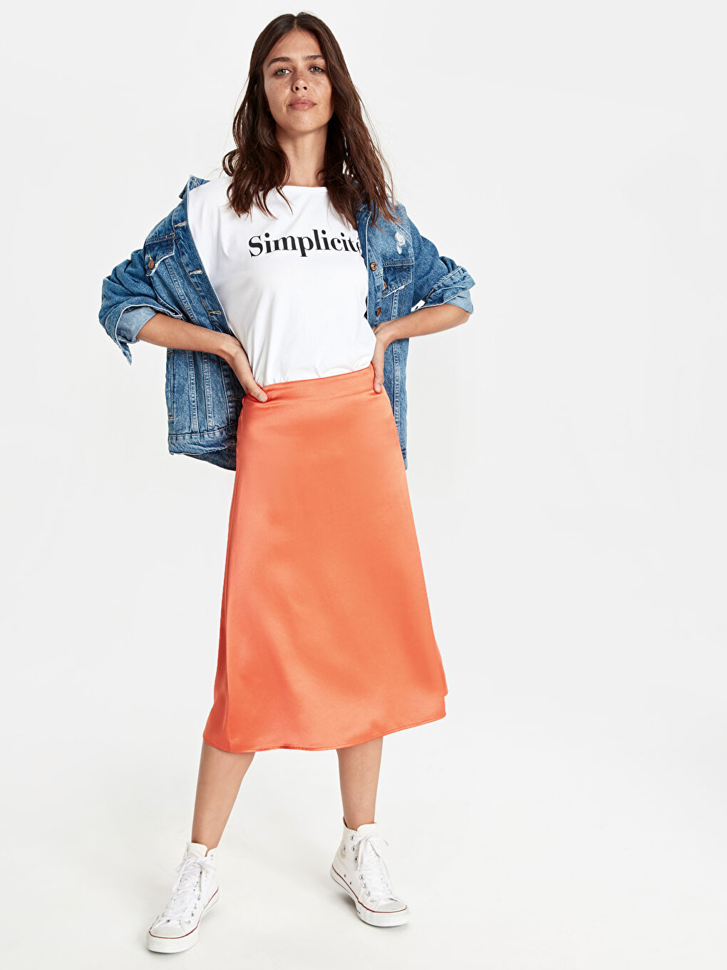 Turuncu Kadın Yüksek Bel Düz Etek-1