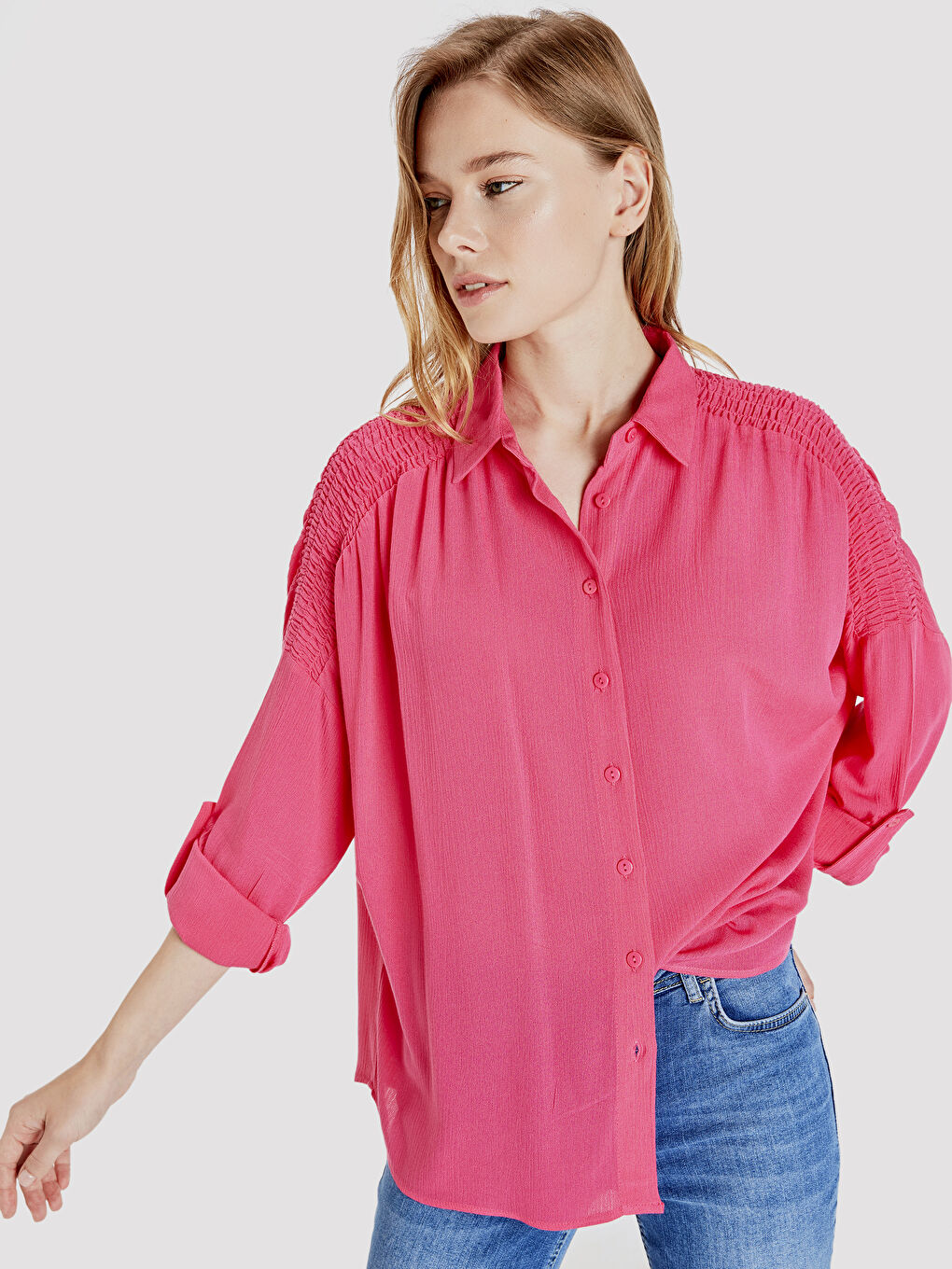 Fuşya Gömlek Yaka Standart Fit Uzun Kollu Krinkle Kadın Gömlek