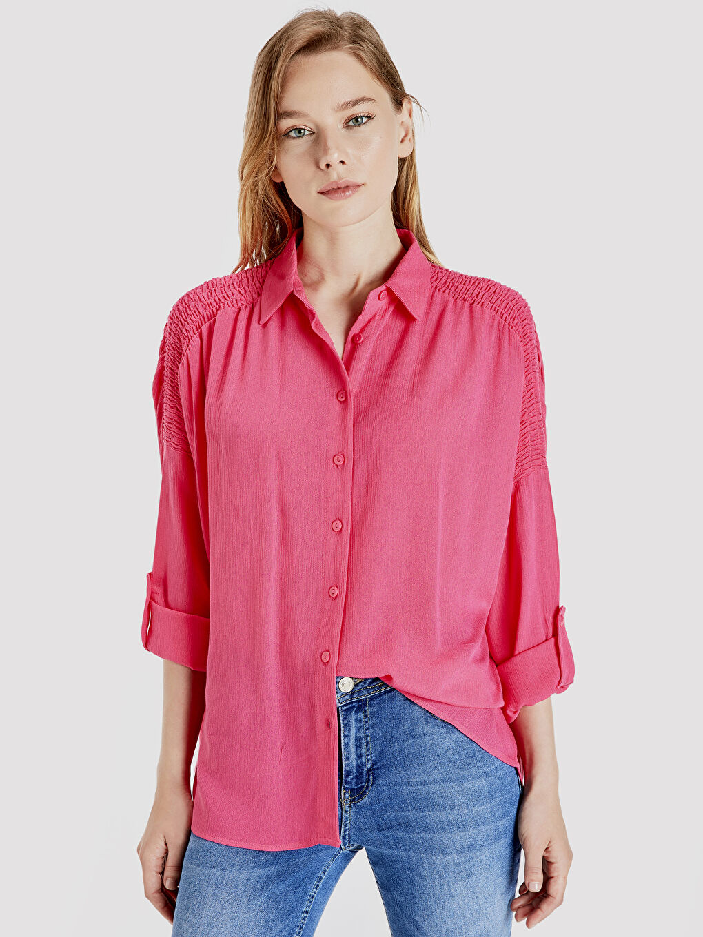 Fuşya Gömlek Yaka Standart Fit Uzun Kollu Krinkle Kadın Gömlek-1