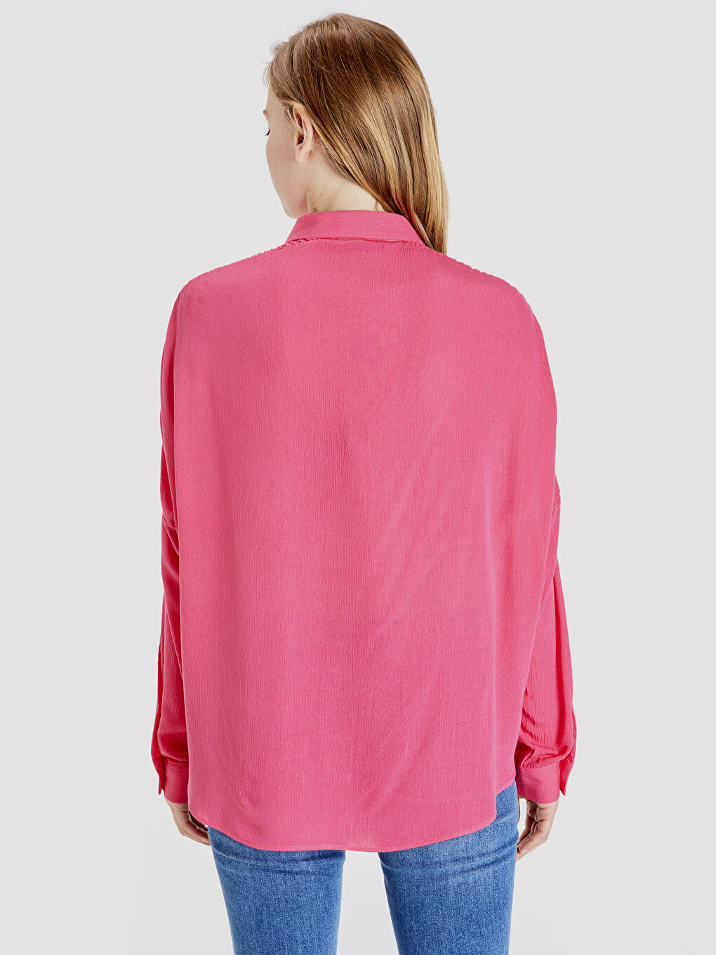 Fuşya Gömlek Yaka Standart Fit Uzun Kollu Krinkle Kadın Gömlek-2
