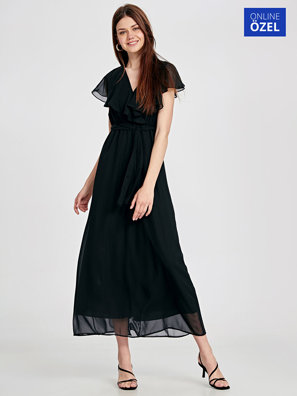 Siyah V Yaka Kısa Kollu Poplin Kadın Elbise
