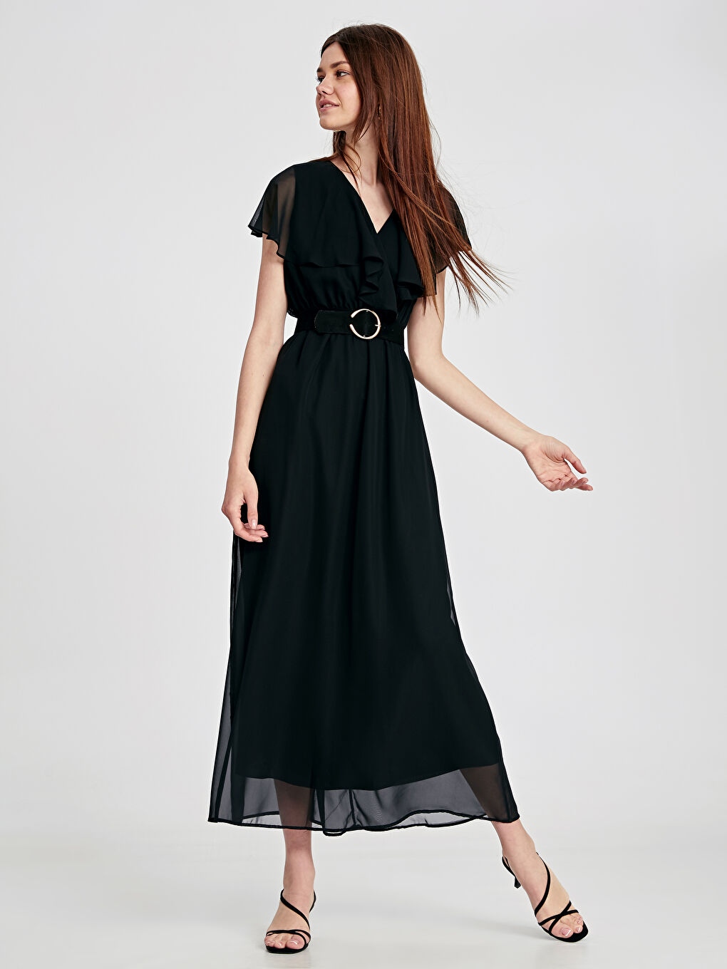 Siyah V Yaka Kısa Kollu Poplin Kadın Elbise-1