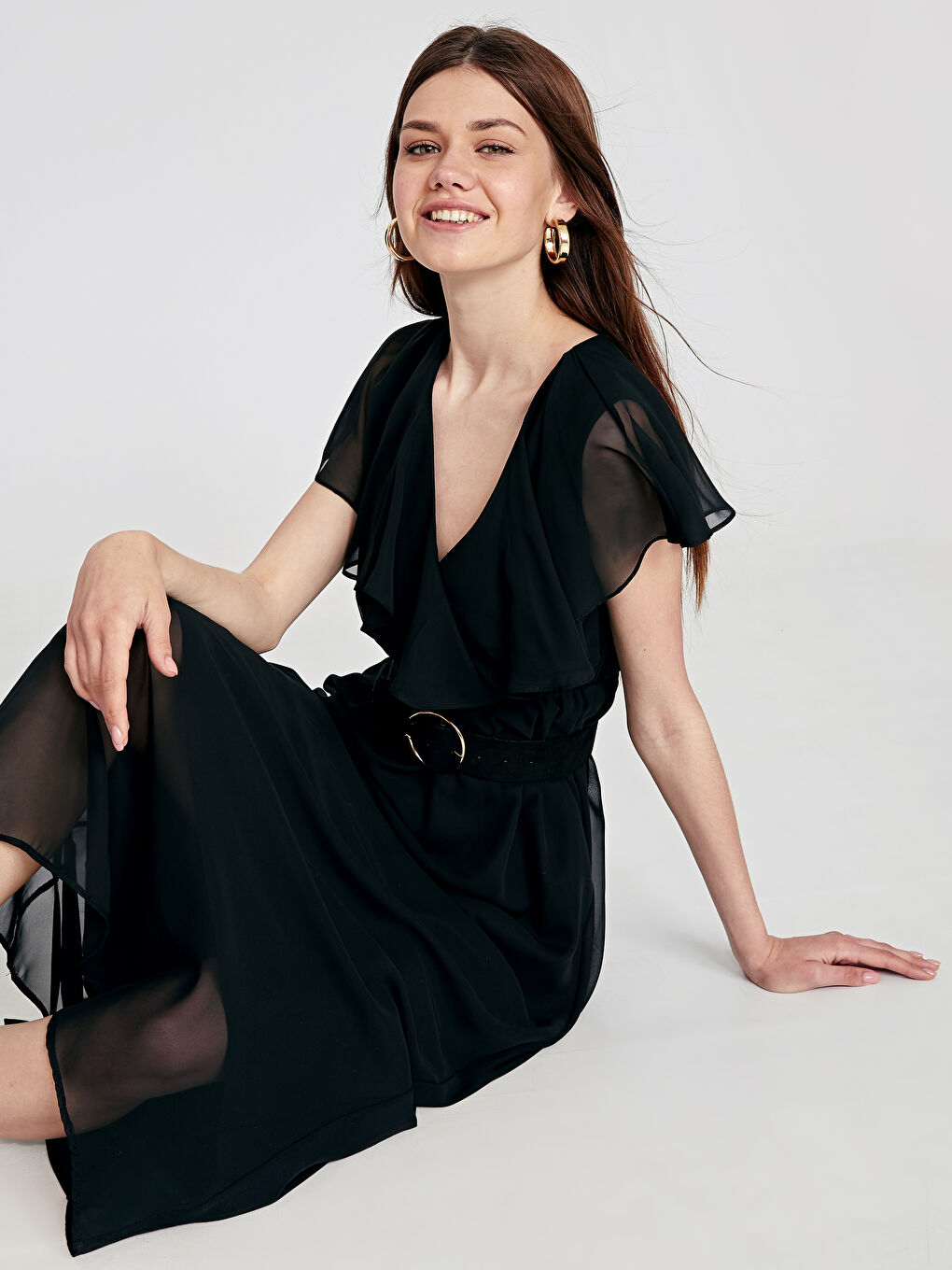 Siyah V Yaka Kısa Kollu Poplin Kadın Elbise-2