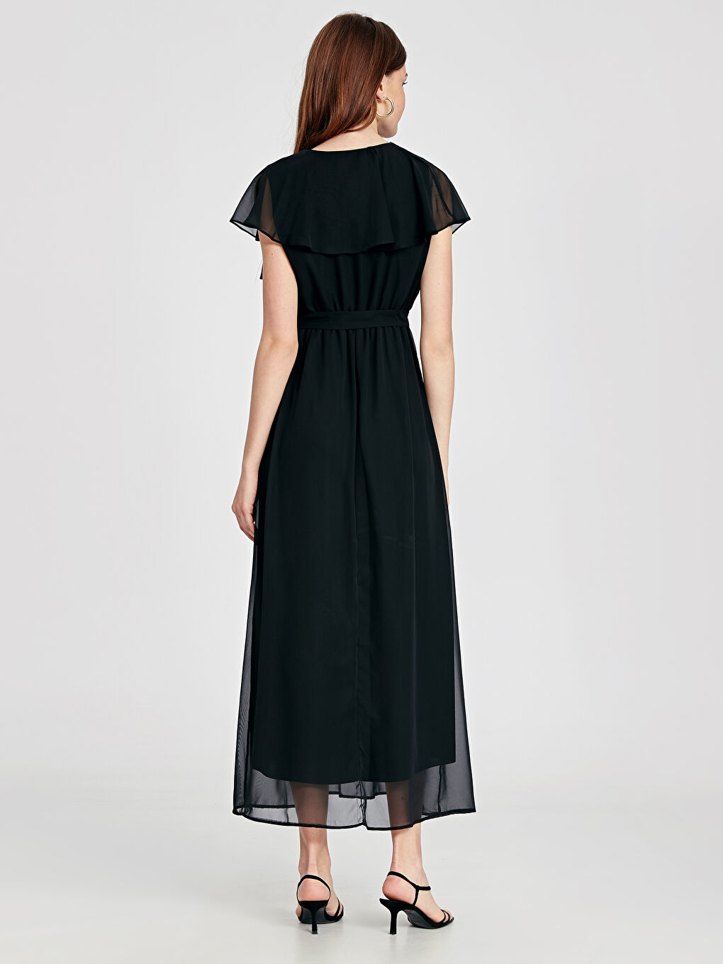 Siyah V Yaka Kısa Kollu Poplin Kadın Elbise-3