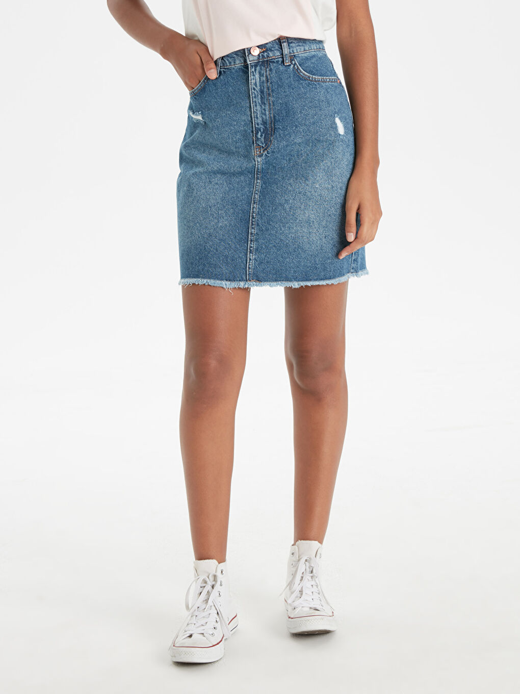 İndigo Sökük Detaylı Kadın Mini Jean Etek-1