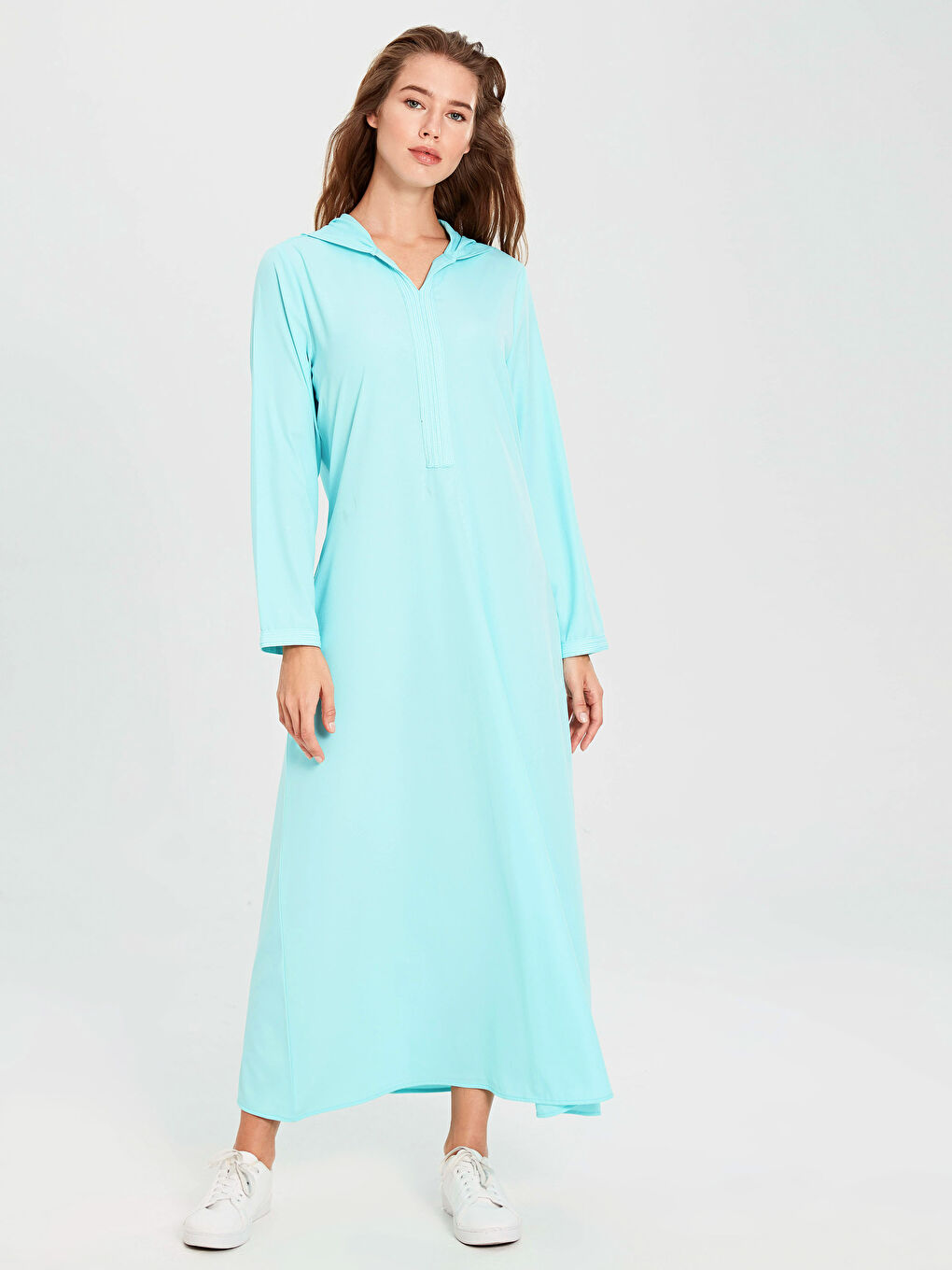 Turkuaz Kapüşonlu Uzun Kollu Krep Kadın Elbise-1