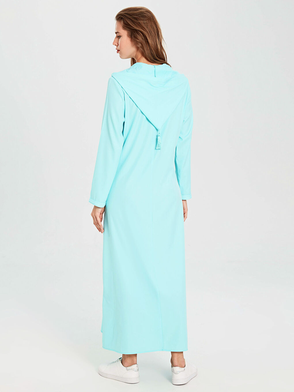 Turkuaz Kapüşonlu Uzun Kollu Krep Kadın Elbise-2