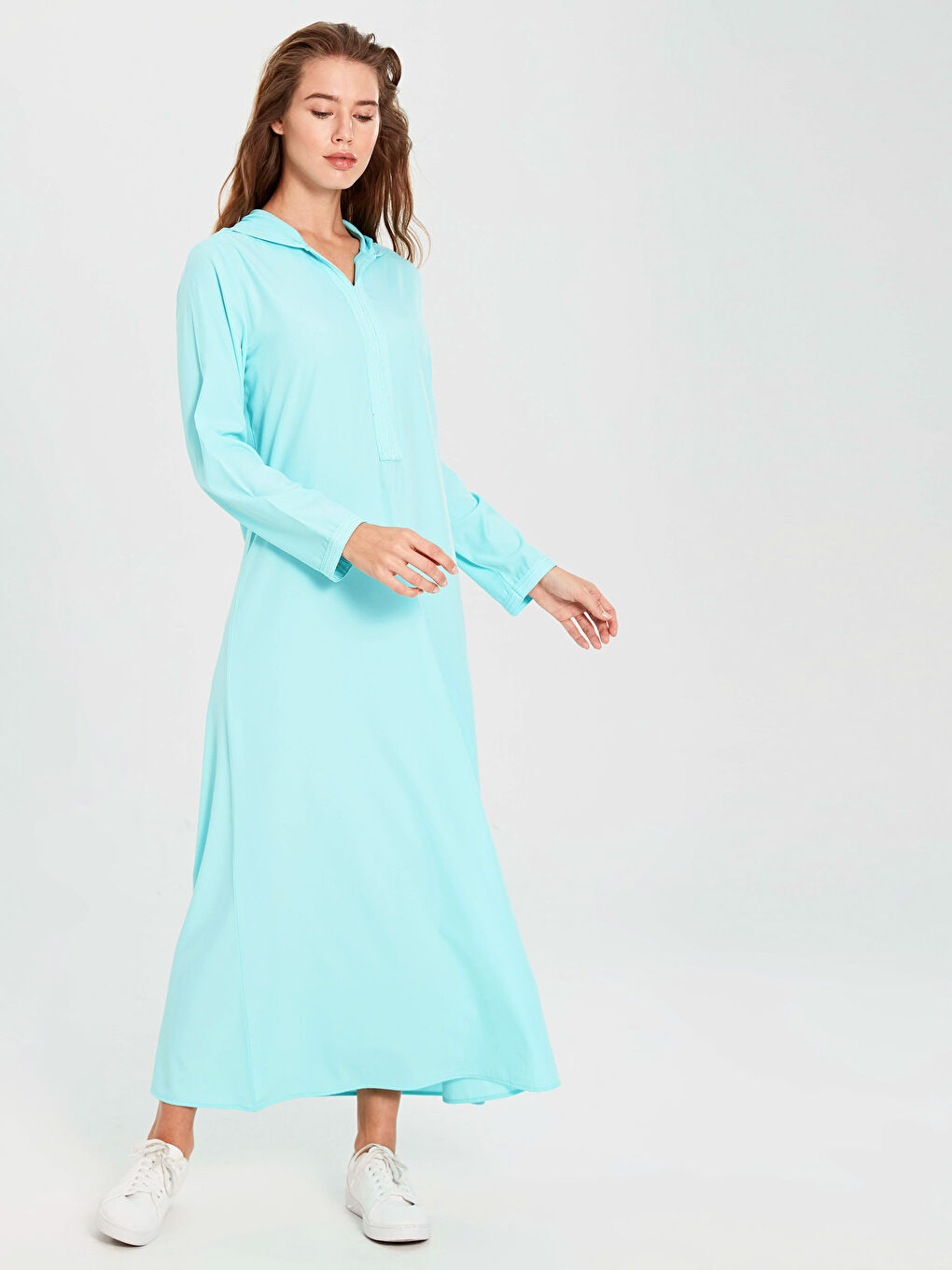 Turkuaz Kapüşonlu Uzun Kollu Krep Kadın Elbise-3