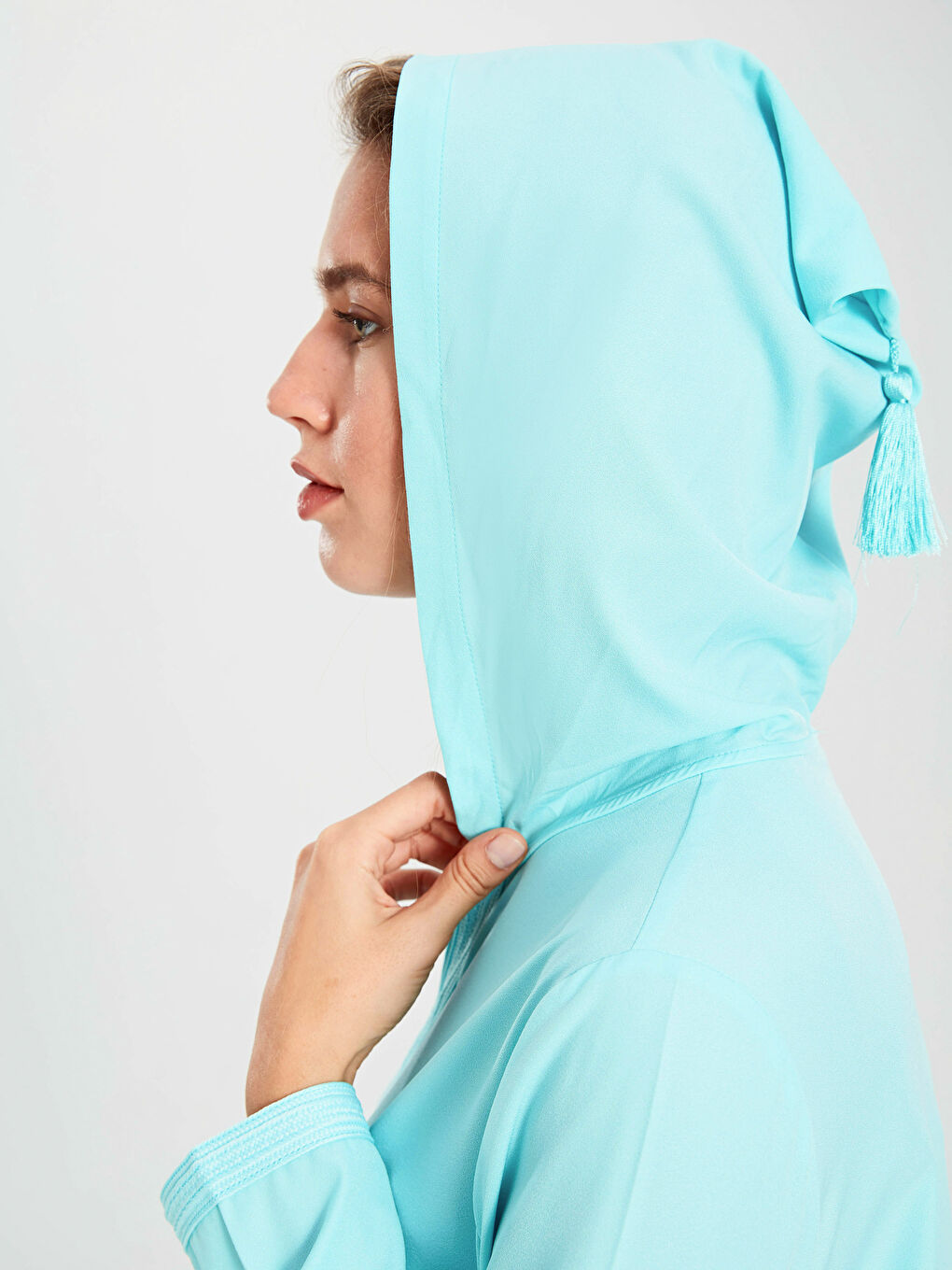 Turkuaz Kapüşonlu Uzun Kollu Krep Kadın Elbise-4
