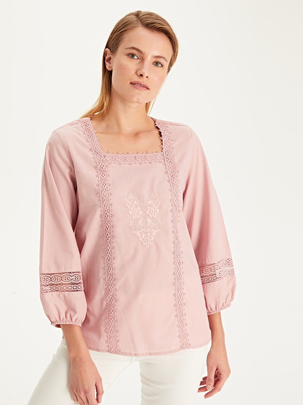 Lila Fisto Detaylı Uzun Kollu Kadın Pamuklu Bluz-1