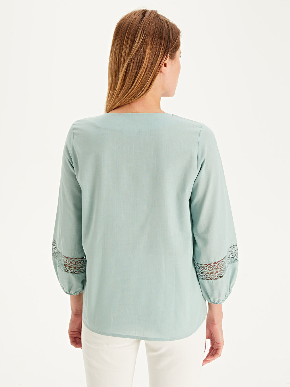 Yeşil Kare Yaka Nakışlı Uzun Kollu Pamuklu Kadın Bluz-2