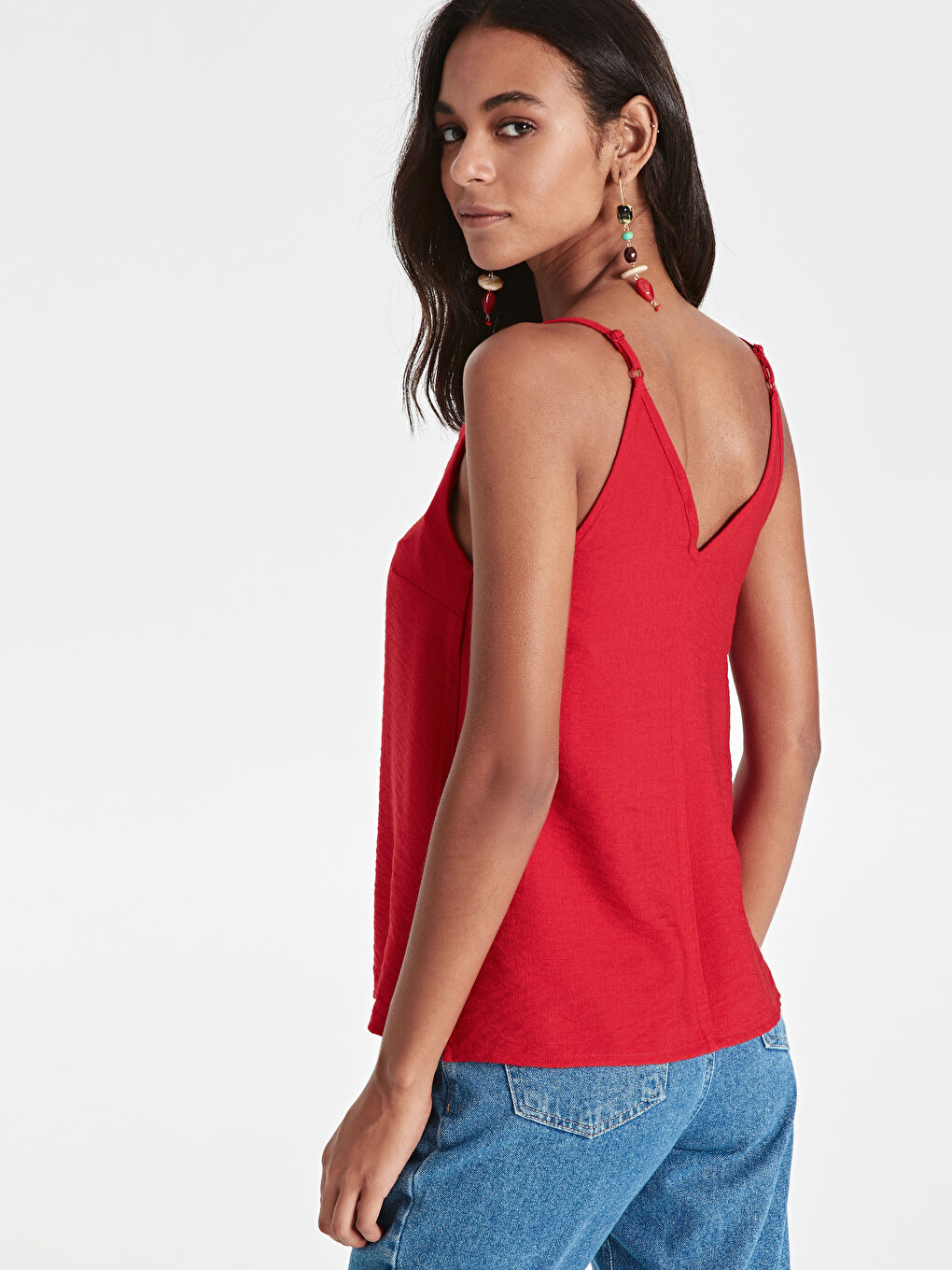 Kırmızı V Yaka Düz Askılı Kadın Bluz-2