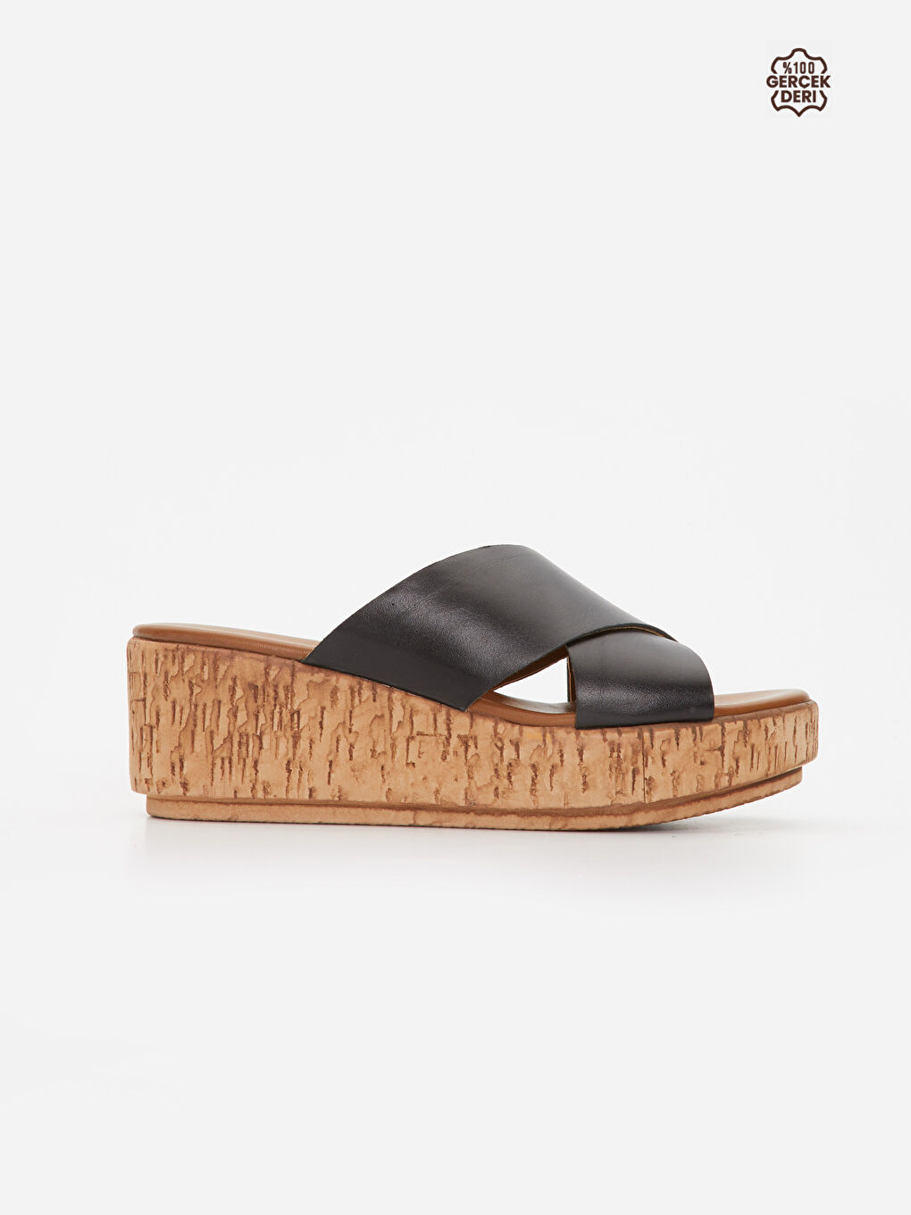 Siyah Kadın Dolgu Topuklu Hakiki Deri Terlik