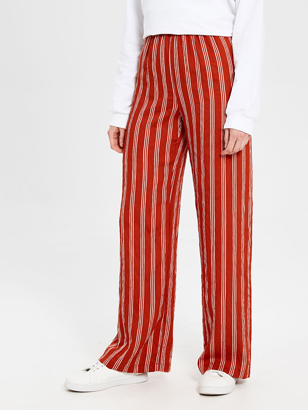 Kahverengi Beli Lastikli Rahat Kalıp Çizgili Kadın Pantolon-2