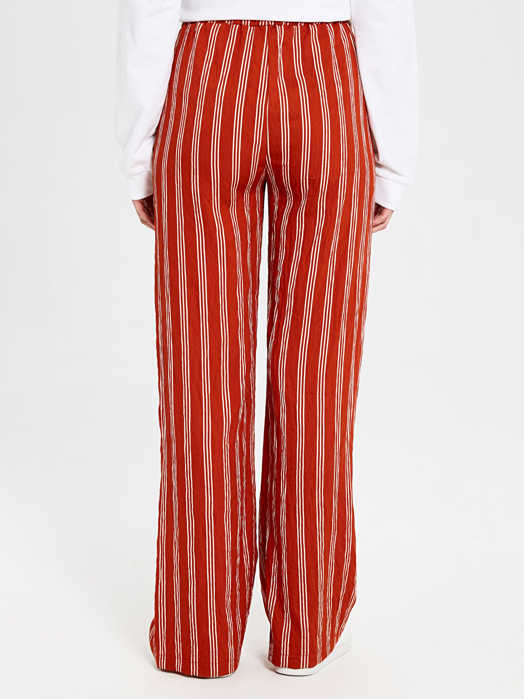 Kahverengi Beli Lastikli Rahat Kalıp Çizgili Kadın Pantolon-3