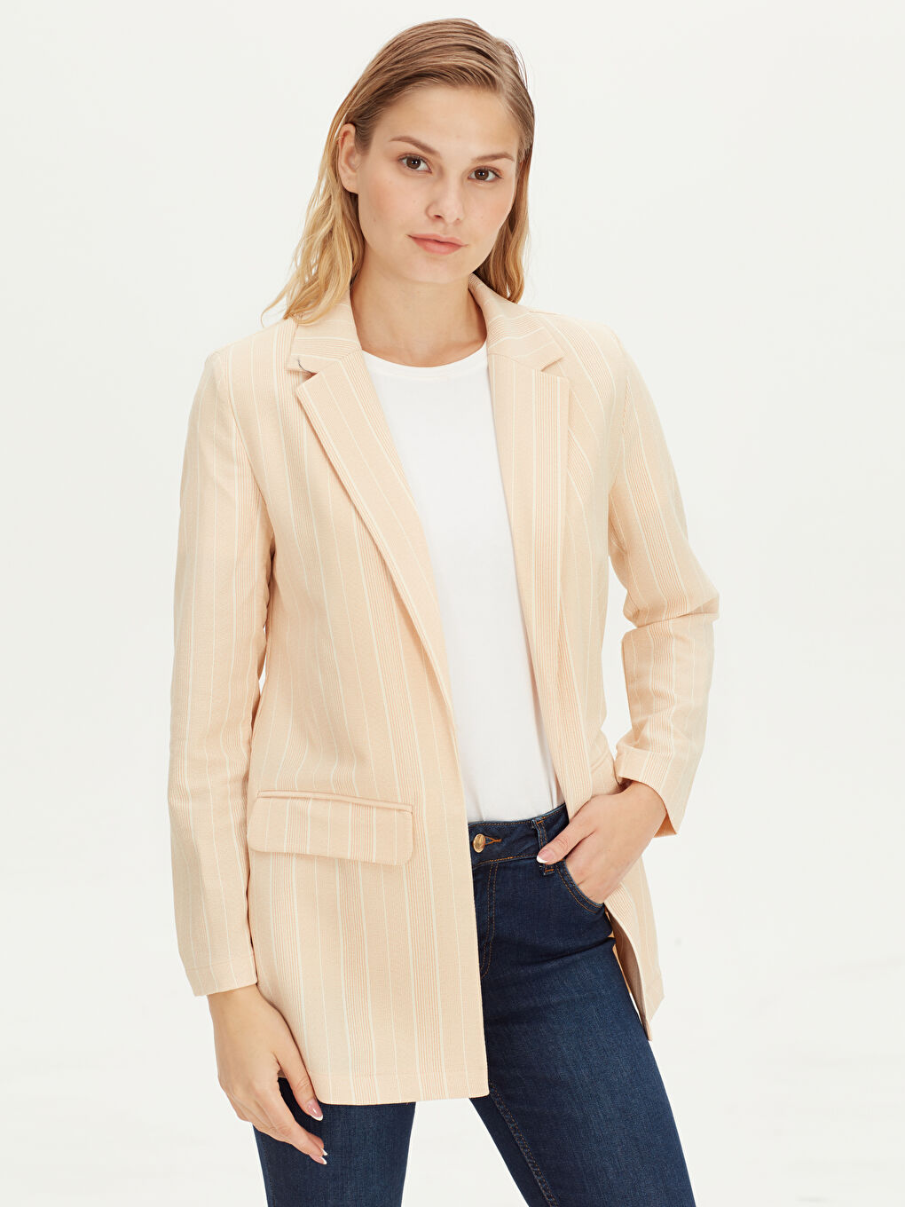 Turuncu Uzun Kollu Kadın Çizgili İnce Ceket