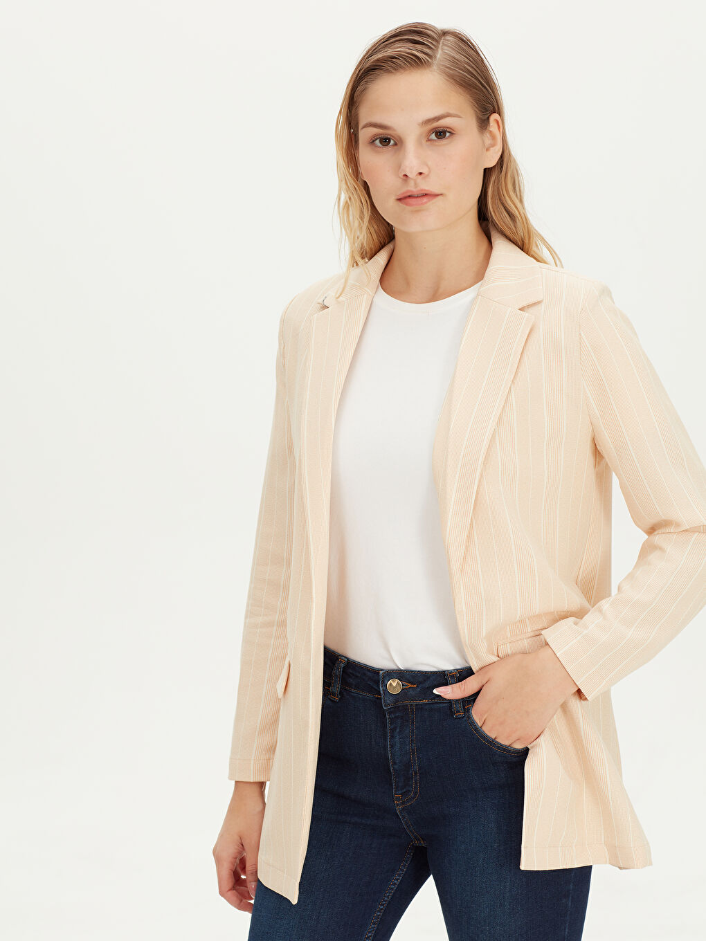 Turuncu Uzun Kollu Kadın Çizgili İnce Ceket-1