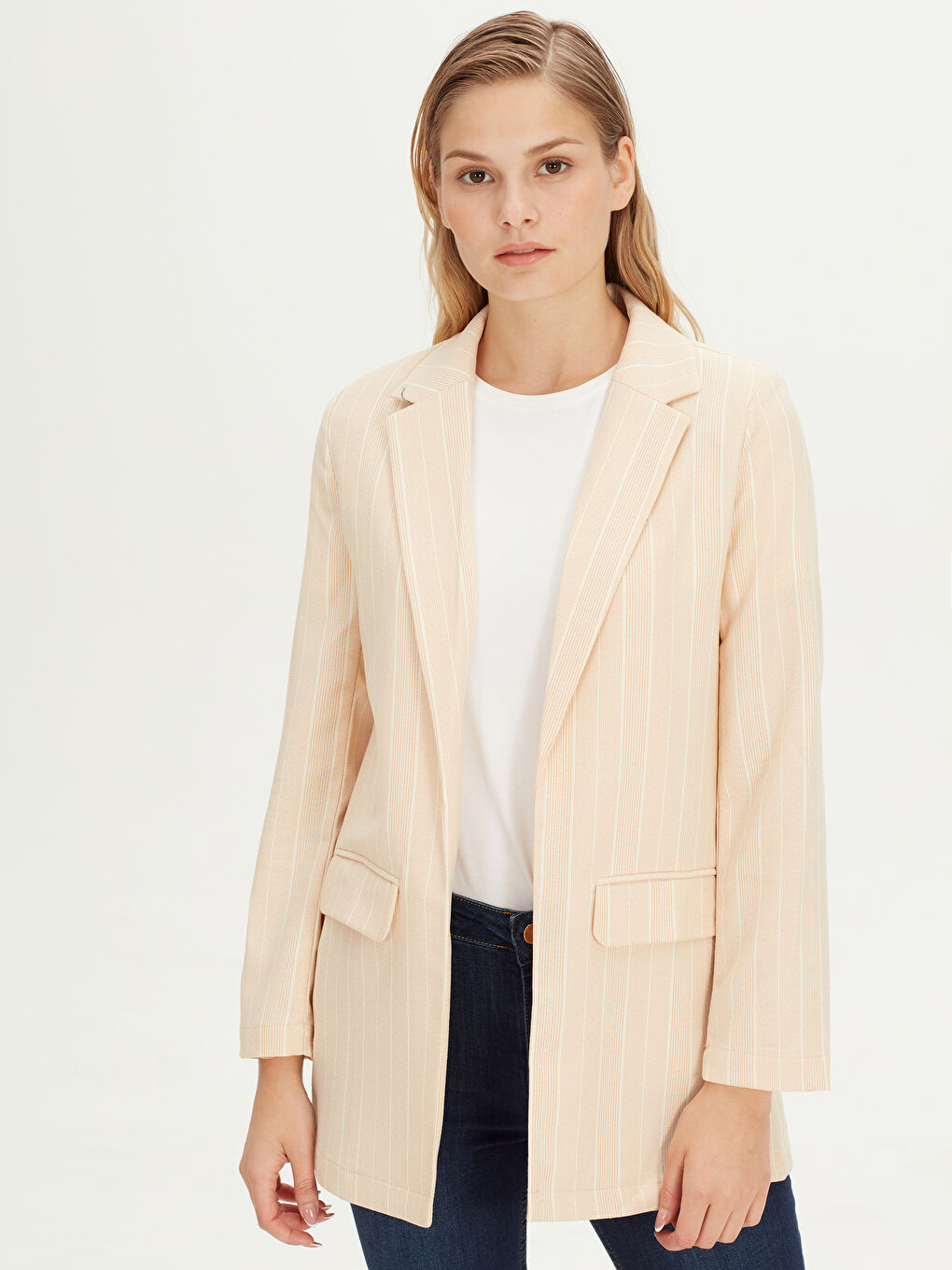 Turuncu Uzun Kollu Kadın Çizgili İnce Ceket-2
