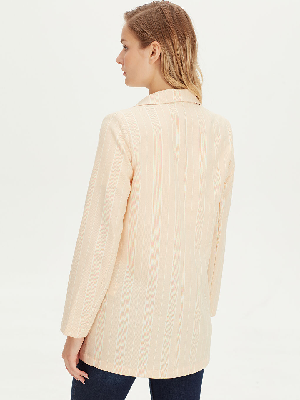 Turuncu Uzun Kollu Kadın Çizgili İnce Ceket-3