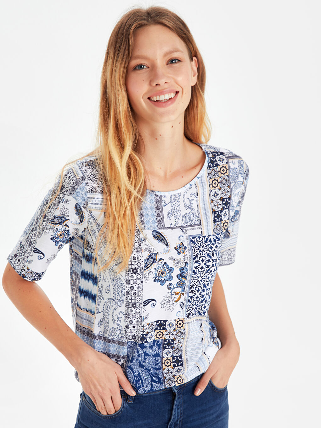 Lacivert Bisiklet Yaka Uzun Kollu Desenli Pamuklu Kadın Tişört