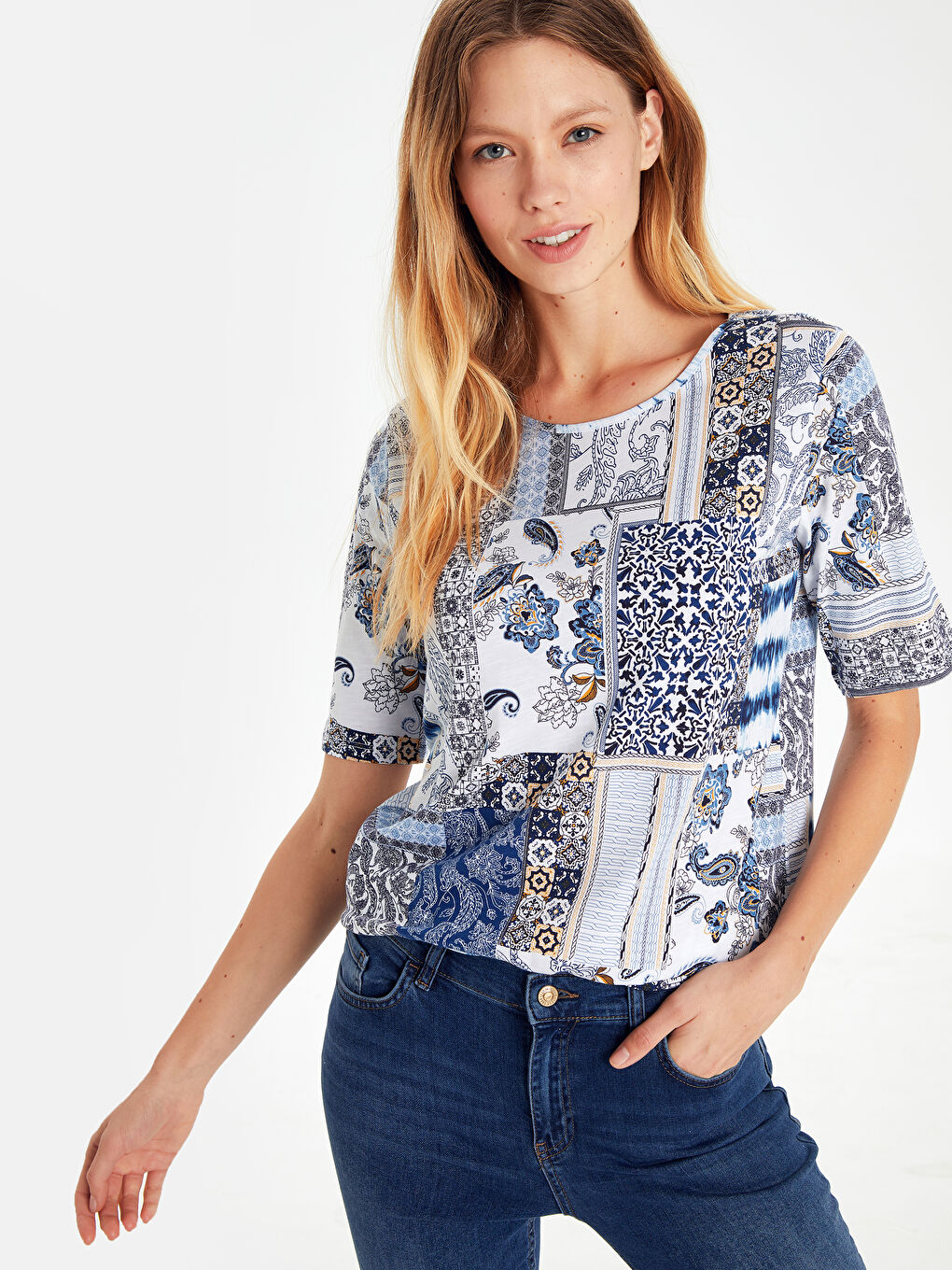 Lacivert Bisiklet Yaka Uzun Kollu Desenli Pamuklu Kadın Tişört-1