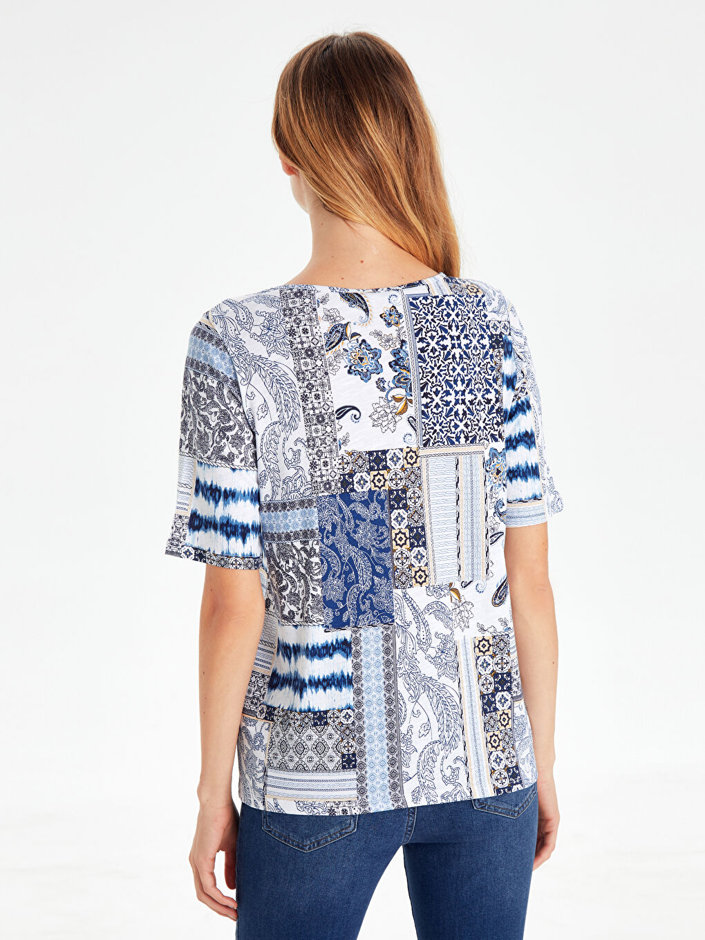 Lacivert Bisiklet Yaka Uzun Kollu Desenli Pamuklu Kadın Tişört-2